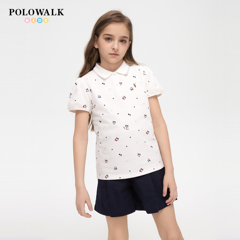 POLOWALK童装女童短袖T恤25夏季新品印花POLO衫翻领休闲百搭上衣