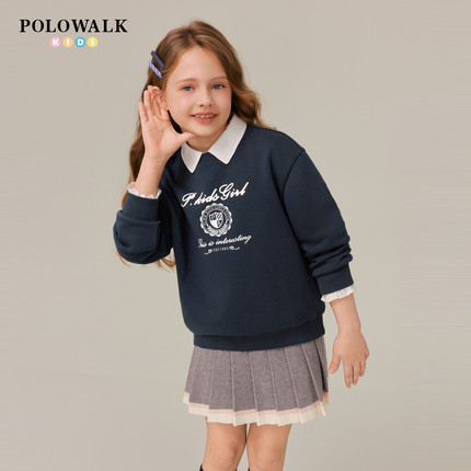 POLOWALK童装女童卫衣2025秋季新品圆领套头外套印花休闲百搭上衣