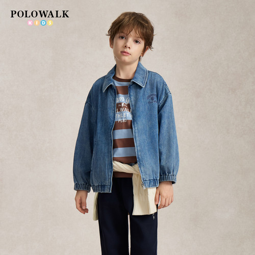 POLOWALK男童牛仔外套秋季新款中大童翻领宽松刺绣洋气休闲夹克