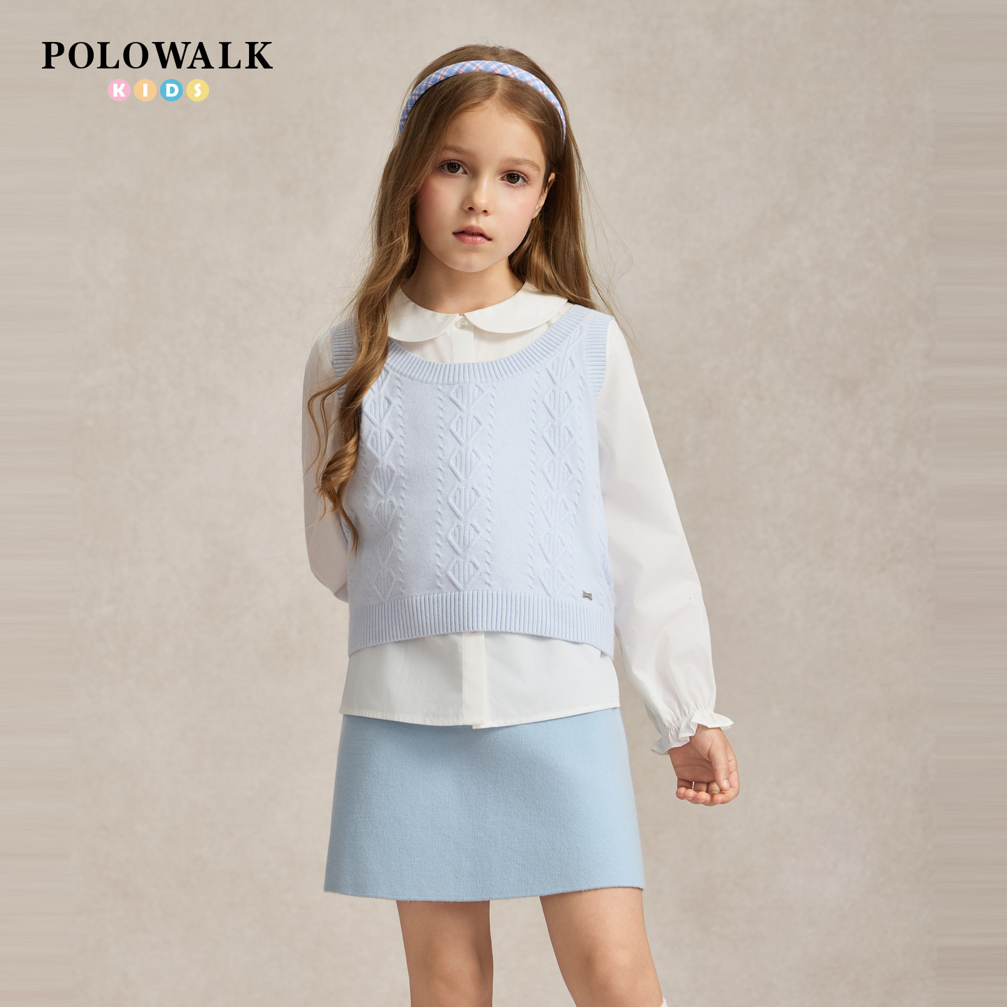 POLOWALK女童套装秋季新品可脱卸针织两件套女孩洋气马甲短裙童装