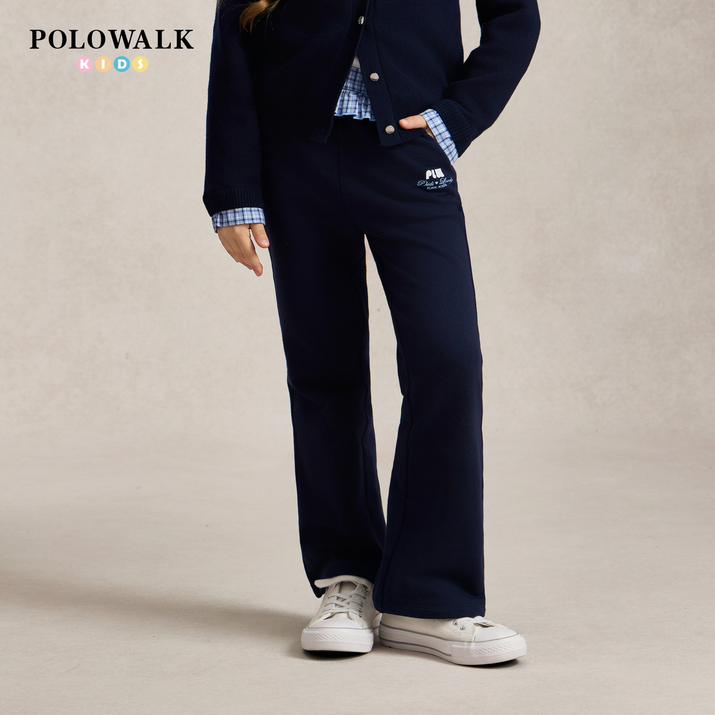 POLOWALK女童卫裤2026秋季新款喇叭裤腰间格纹拼接印花休闲长裤