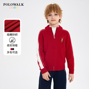 POLOWALK童装男童针织衫2025秋冬新品立领儿童纯棉中大童红色外套