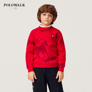 【新年款】POLOWALK童装男童针织衫2026圆领提花红色毛衣本命年