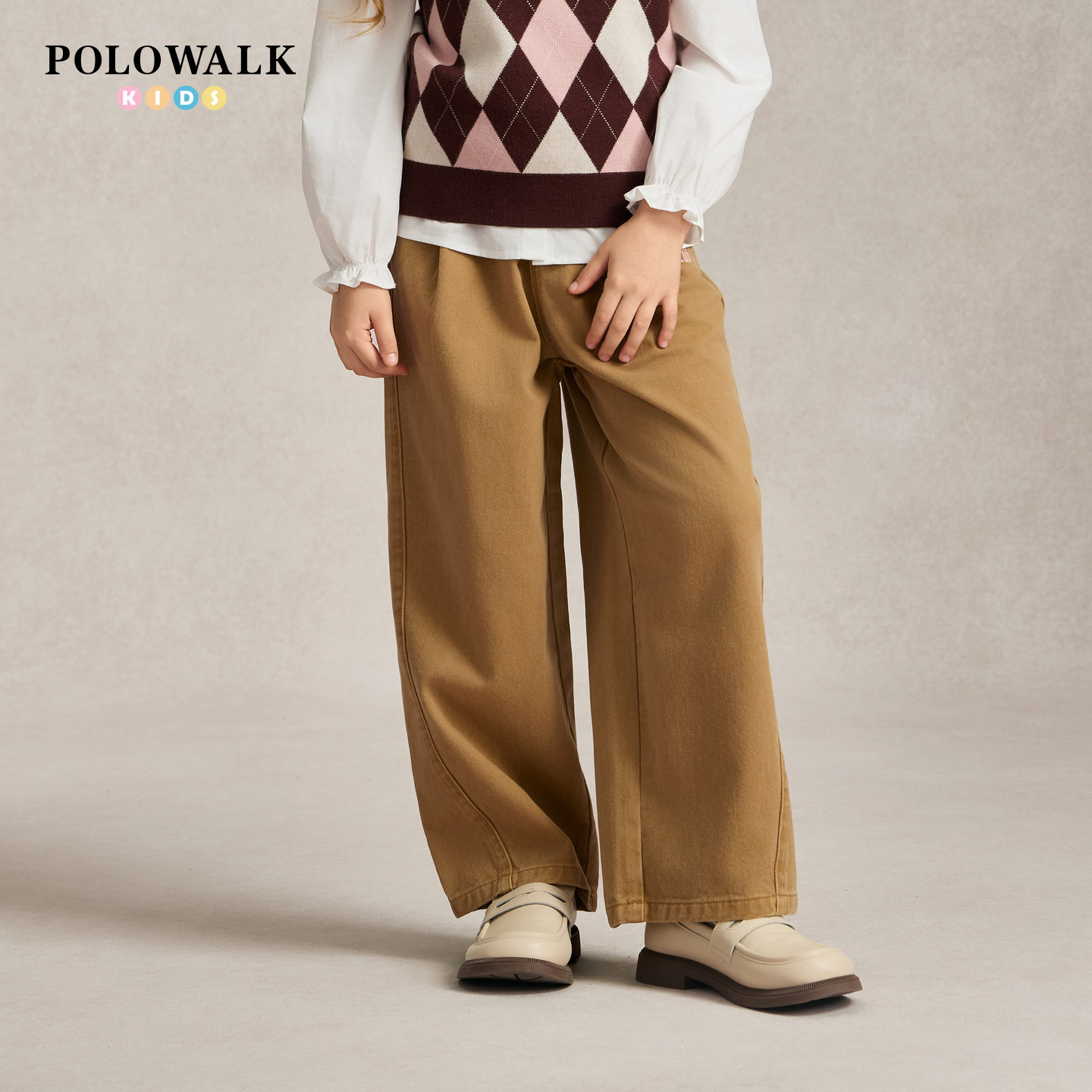 POLOWALK女童牛仔裤秋冬新品时髦字母刺绣休闲复古松紧腰阔腿裤