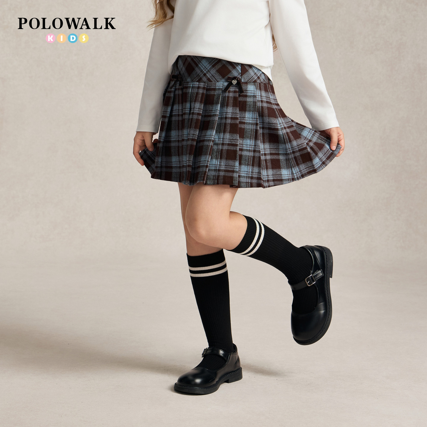POLOWALK女童半裙2026早秋新款松紧腰撞色格纹儿童A字显瘦百褶裙