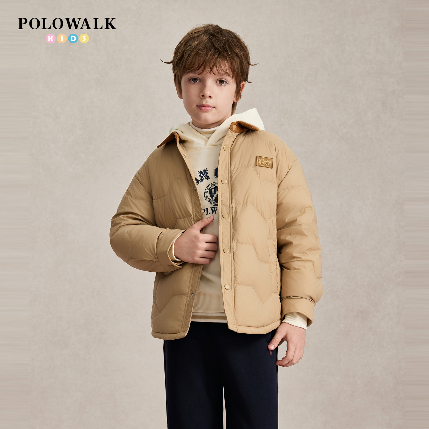 POLOWALK男童轻薄翻领羽绒服秋冬新品几何绗缝儿童宽松保暖外套