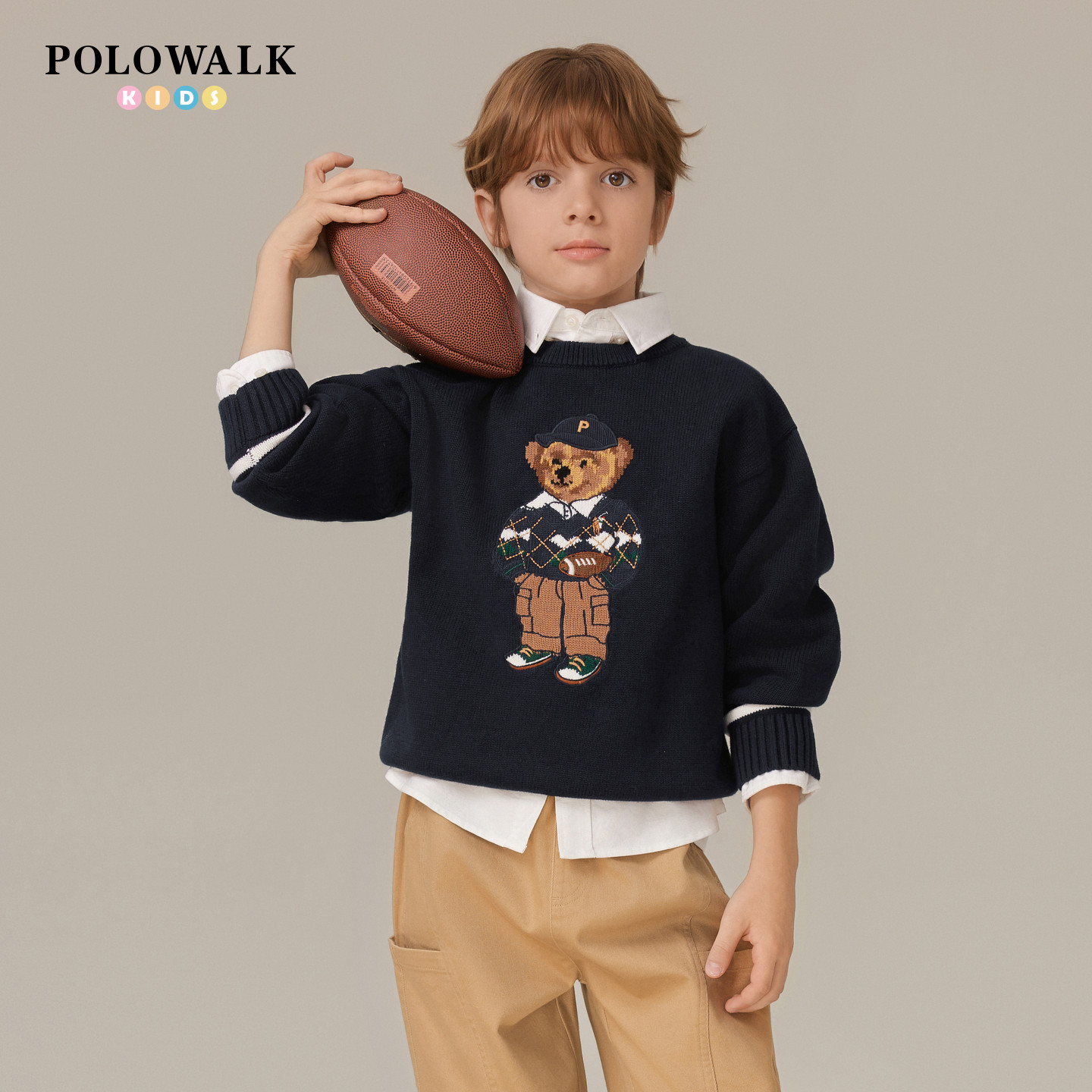 POLOWALK童装男童针织衫2025年秋冬新款圆领线衫提花小熊