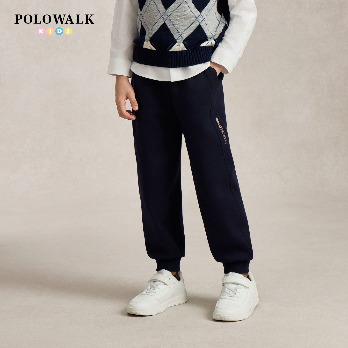 POLOWALK男童卫裤早秋新品松紧腰束脚口中大童字母印花休闲裤子