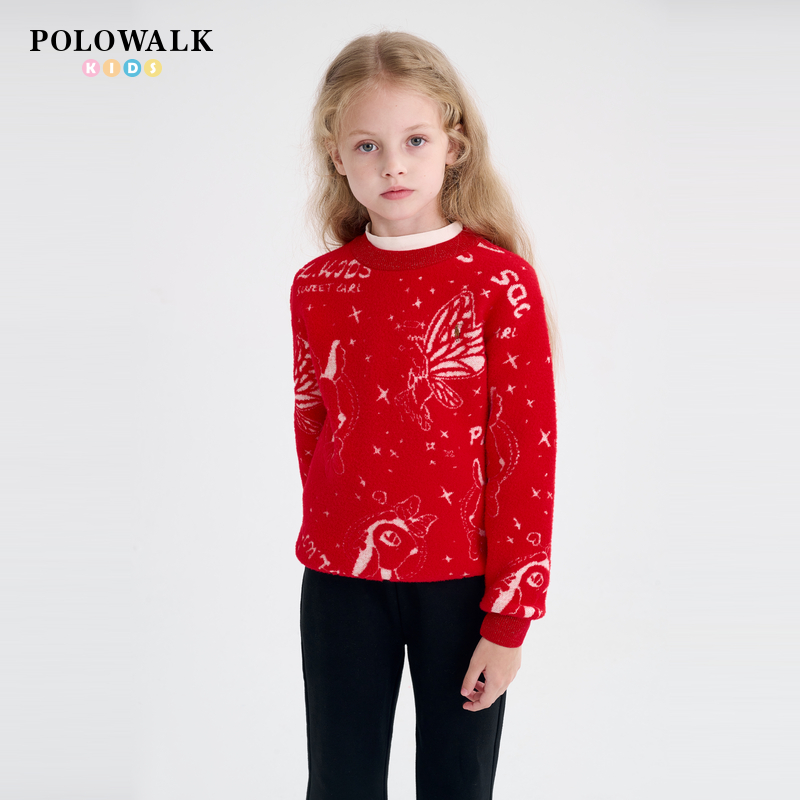 POLOWALK女童圆领新年红针织衫