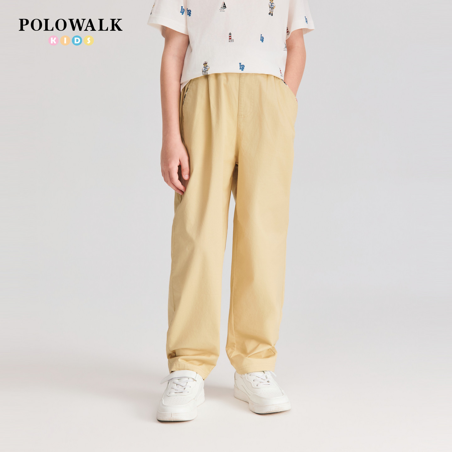 POLOWALK童装2026春夏新品男童休闲裤撞色格纹拼接工装裤运动裤