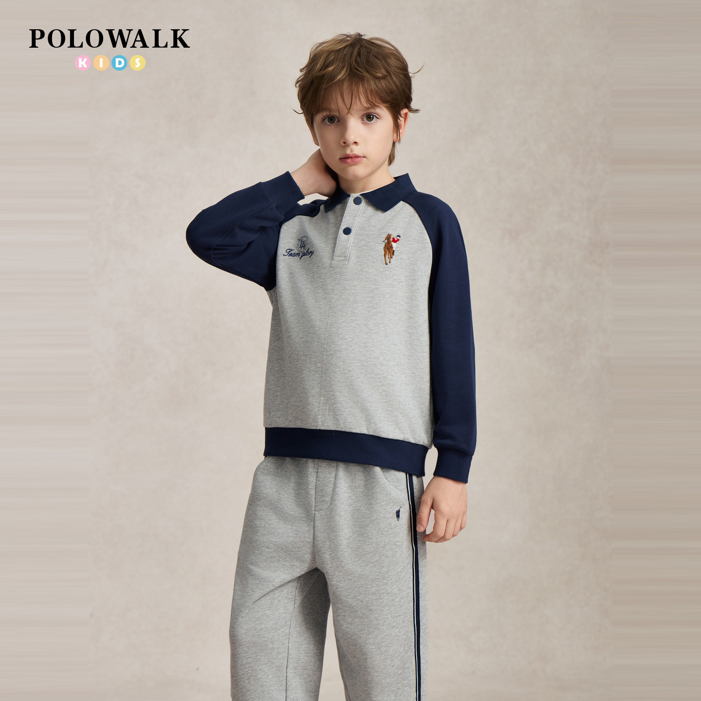 POLOWALK男童卫衣2026早秋翻领插肩撞色马仔刺绣中大童套头上衣
