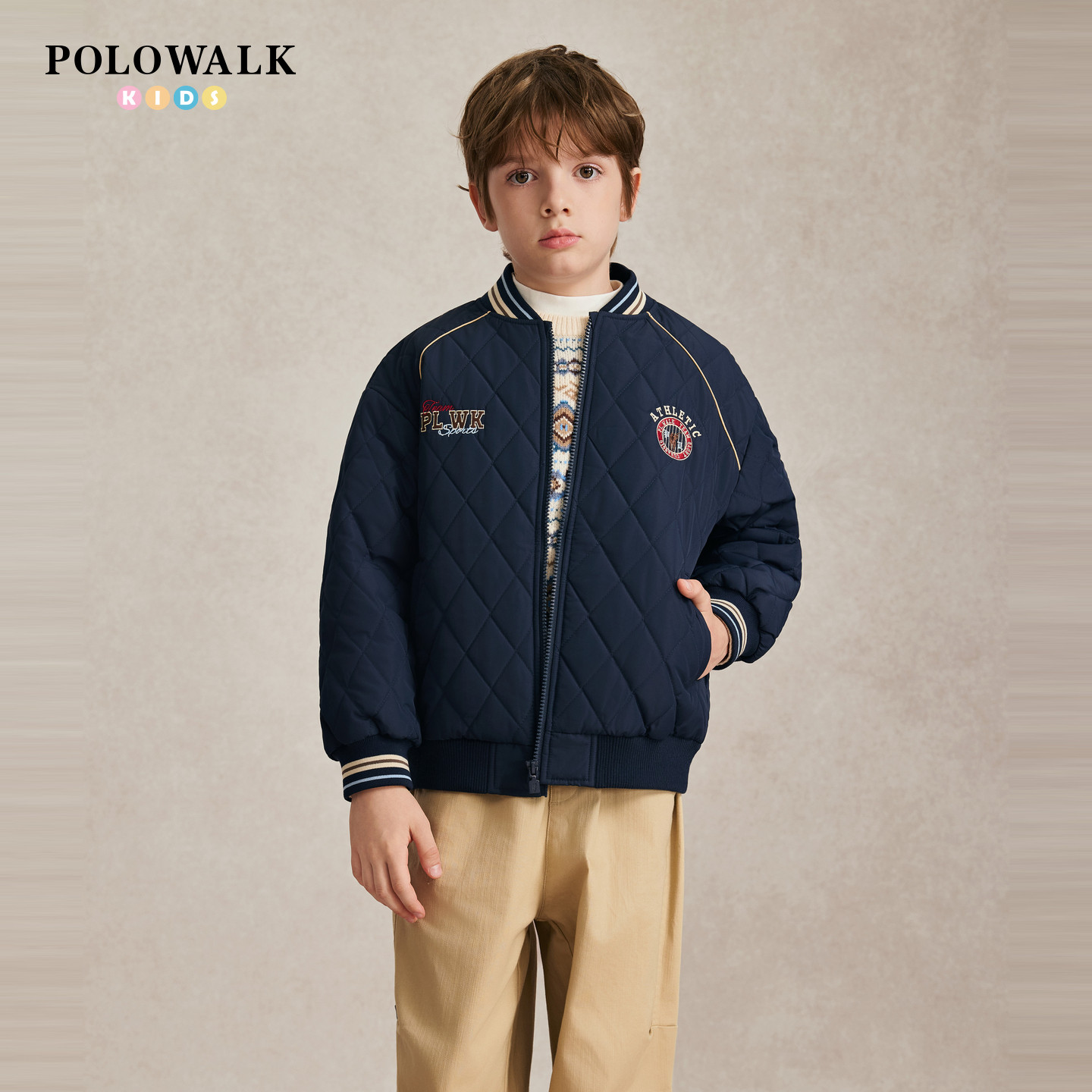 POLOWALK男童棒球领休闲棉服2026秋冬新款菱格马仔刺绣儿童外套