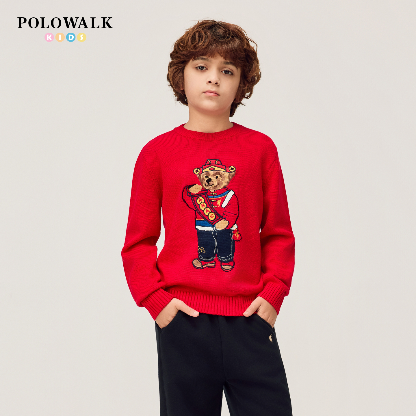 【新年款】POLOWALK童装男童针织衫2026新品圆领卡通提花红色毛衣
