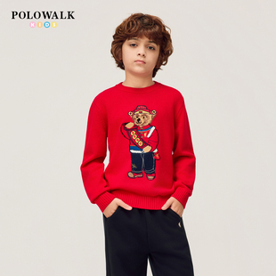 【新年款】POLOWALK童装男童针织衫2026新品圆领卡通提花红色毛衣