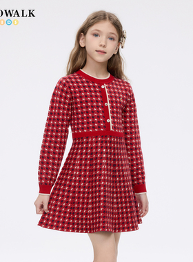 POLOWALK童装女童连衣裙2025秋冬新款红色毛衣千鸟格针织裙子