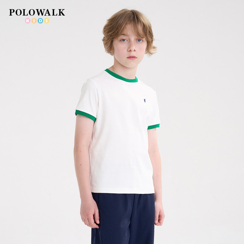 【100%棉】POLOWALK童装男童短袖T恤26新品夏季圆领白色上衣白色