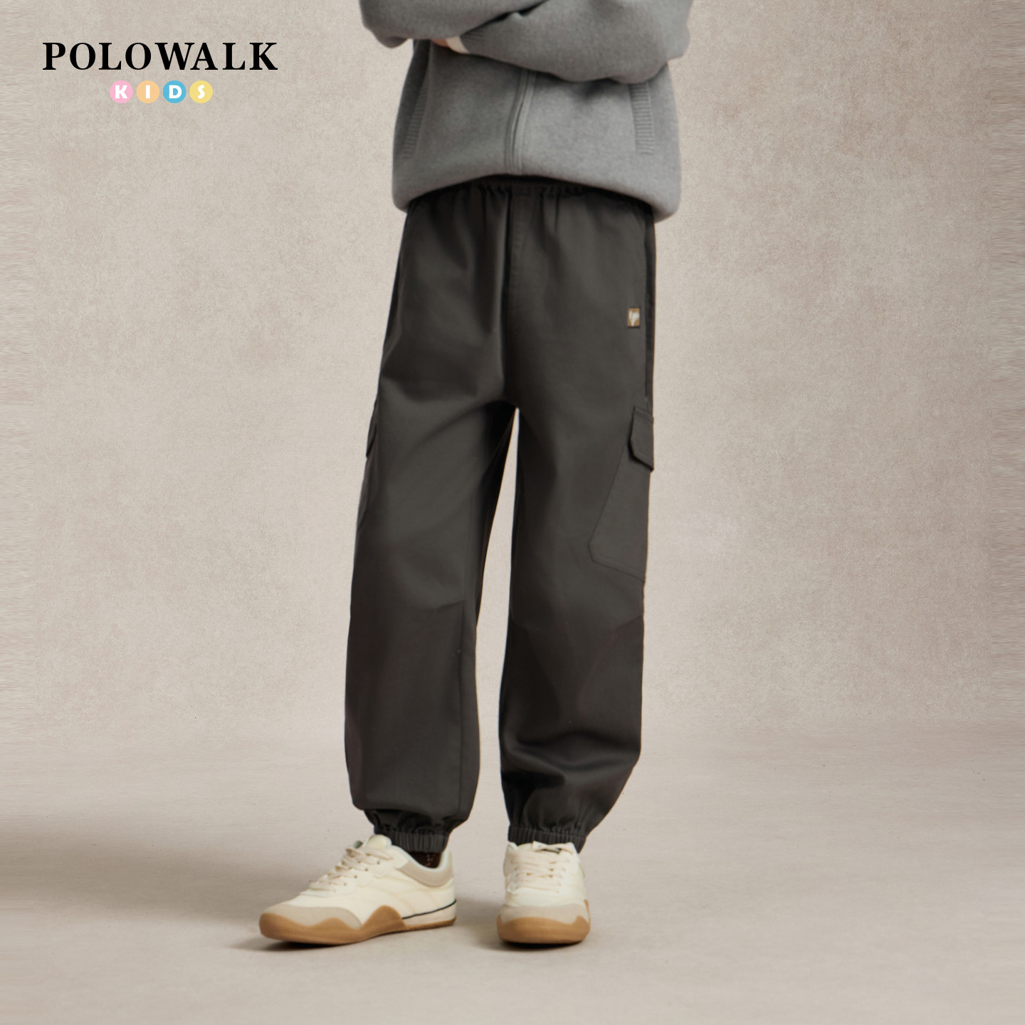 POLOWALK男童休闲裤早秋新款松紧腰立体贴袋儿童束脚工装风长裤