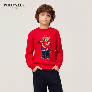 POLOWALK童装男童针织衫2025年秋冬新款圆领线衫提花小熊套头毛衣