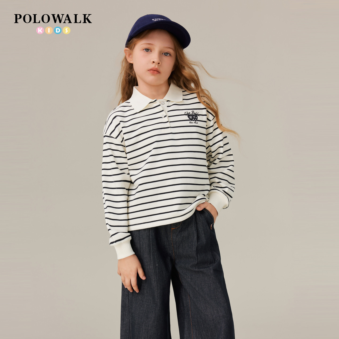 POLOWALK童装女童卫衣2026春季新品翻领套头外套休闲百搭条纹上衣