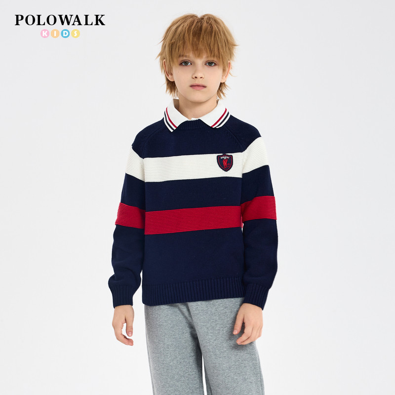 POLOWALK童装男针织衫2025秋冬新款圆领毛衣外套长袖针织打底上衣