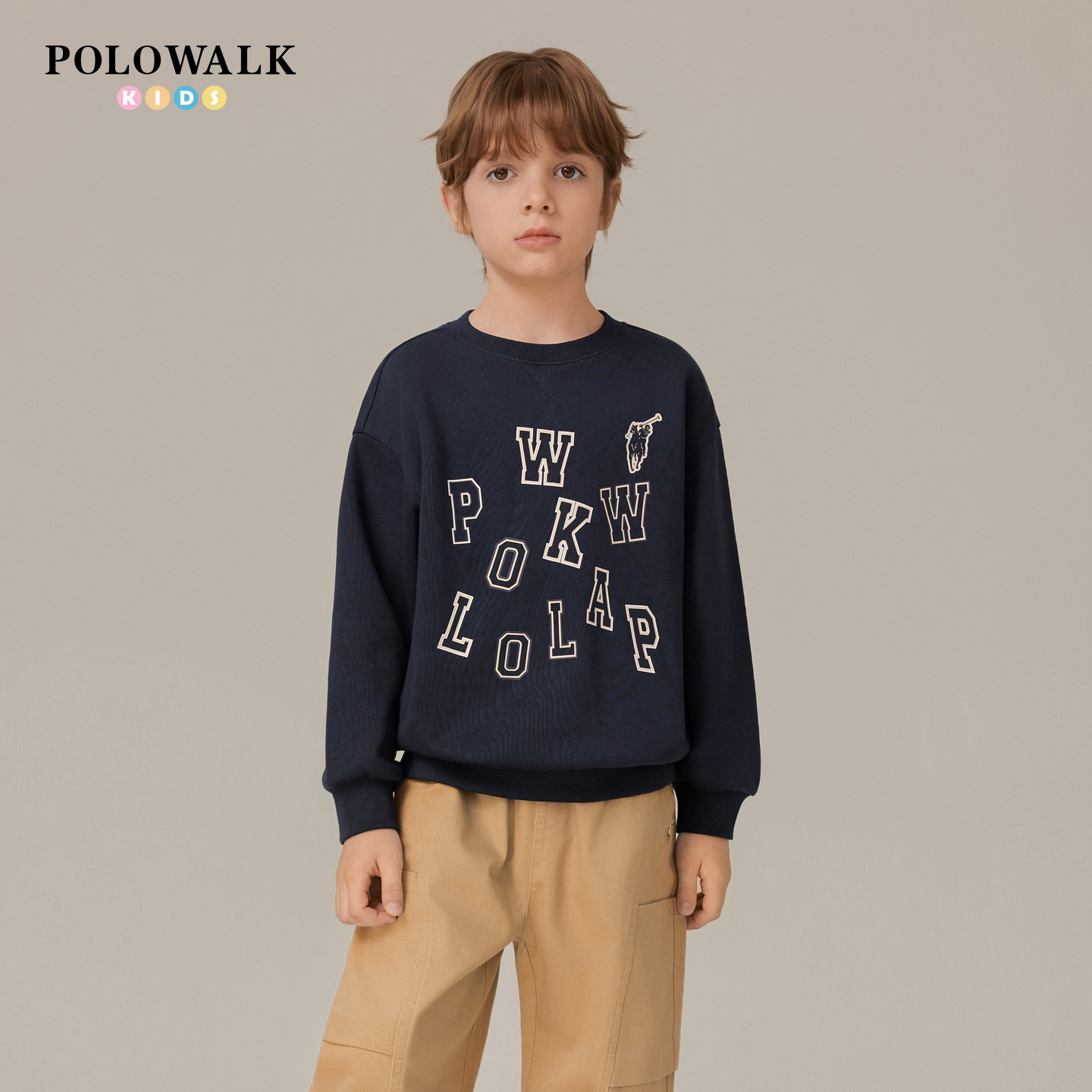 POLOWALK童装男童卫衣2026春夏新品圆领套头外套印花休闲百搭上衣