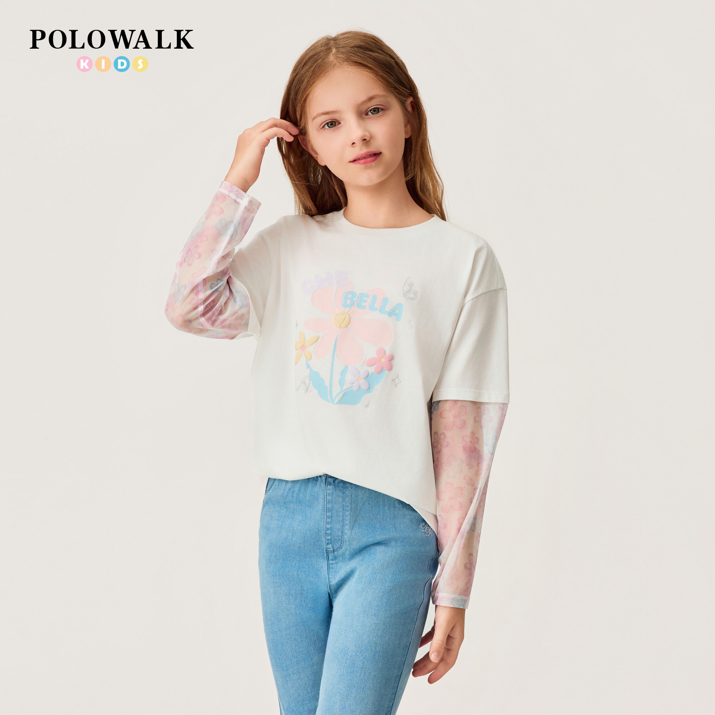 POLOWALK童装女童长袖T恤26新品圆领长袖打底衫拼接网纱印花上衣,童装/婴儿装/亲子装,T恤,淘宝优惠券,粉丝福利购,淘宝优惠卷