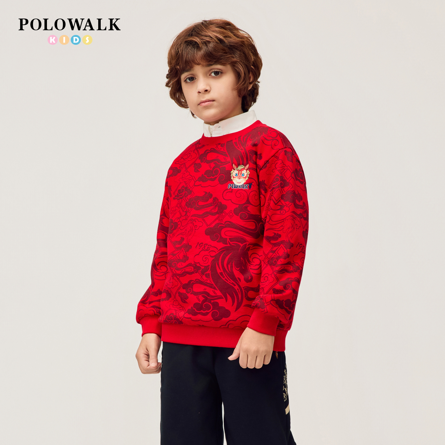 【新年款】POLOWALK童装男童卫衣2026新品红色圆领撞色刺绣毛衣