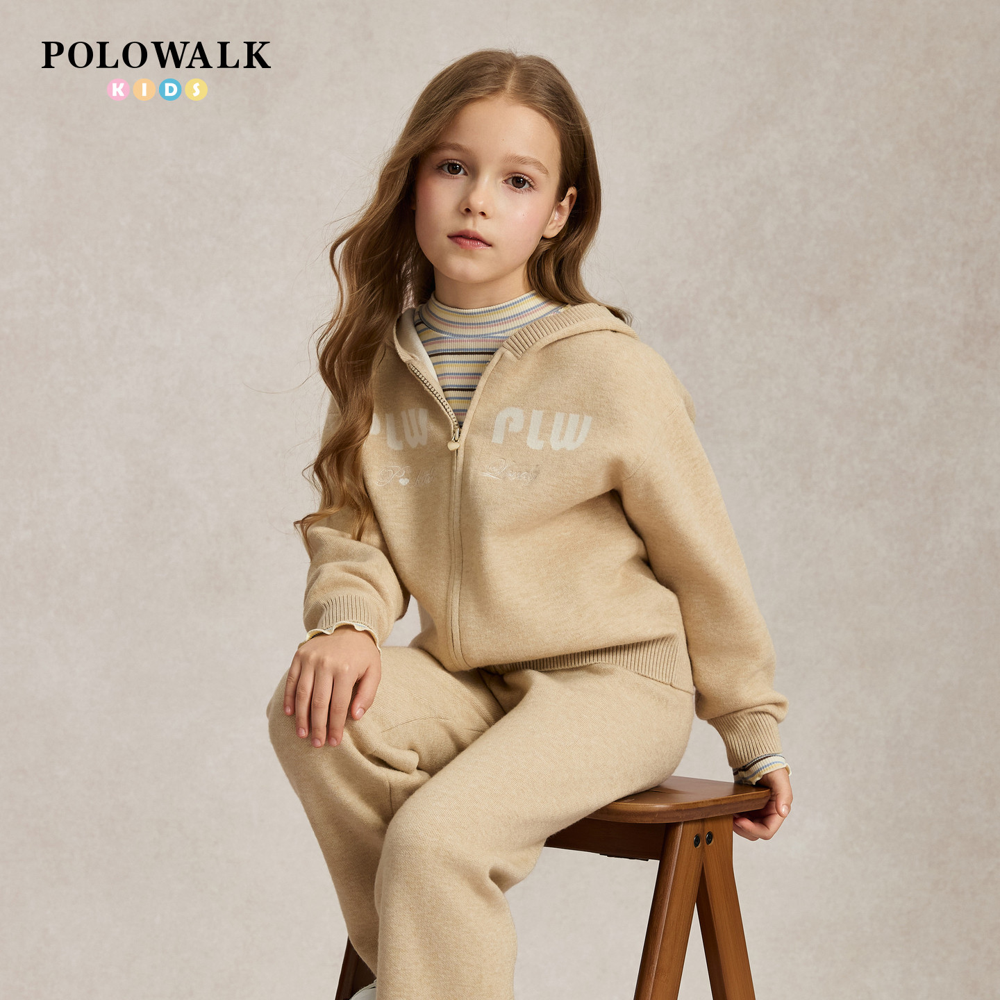 POLOWALK女童针织套装秋季新品连帽外套长裤字母提花休闲两件套