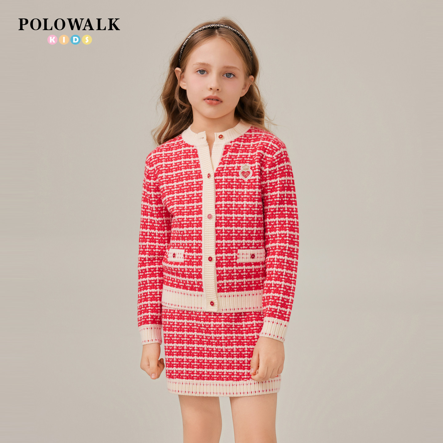 POLOWALK童装女童长袖套装2025秋冬新款红色千鸟格针织开衫两件套