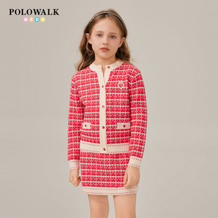POLOWALK童装女童长袖套装2025秋冬新款红色千鸟格针织开衫两件套
