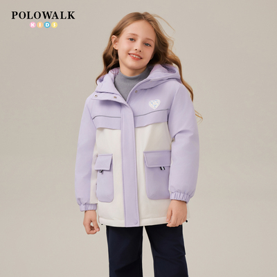 【90白鸭绒】POLOWALK童装女童羽绒服2025冬新品撞色连帽百搭外套