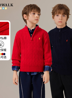POLOWALK童装男童针织衫2025秋冬新款绞花立领中大童红色新年毛衣