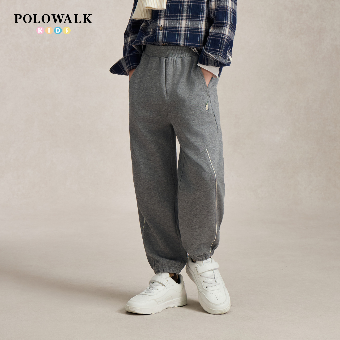 POLOWALK男童卫裤秋季新品罗纹腰束脚口中大童马仔印花运动裤子