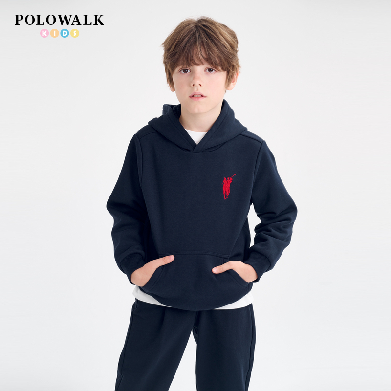 POLOWALK童装男童卫衣加绒2025秋冬新品圆领套头衫连帽保暖外套