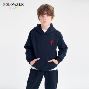 POLOWALK童装男童卫衣加绒2025秋冬新品圆领套头衫连帽保暖外套
