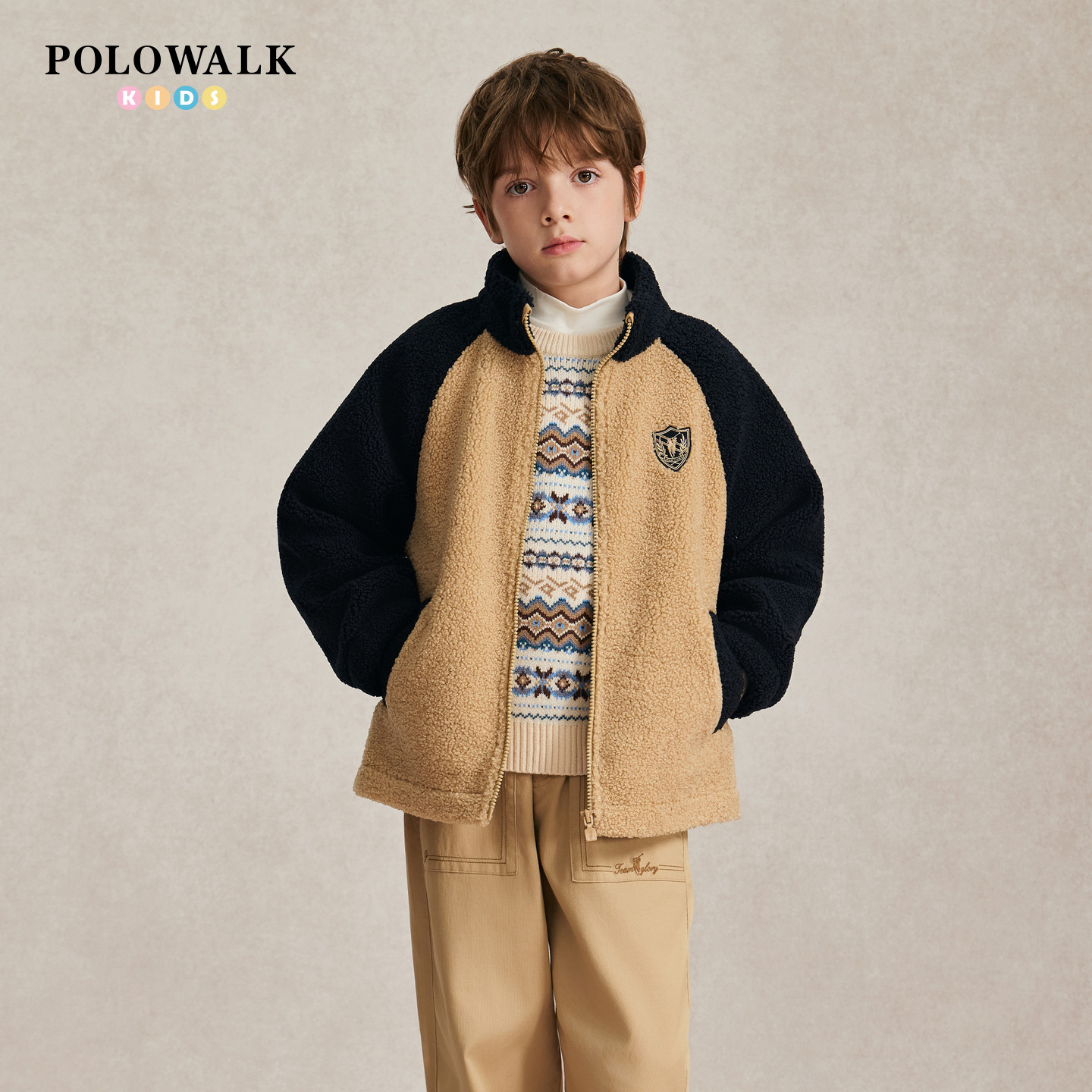 POLOWALK男童撞色立领外套2026秋冬新款马仔刺绣儿童宽松保暖上衣