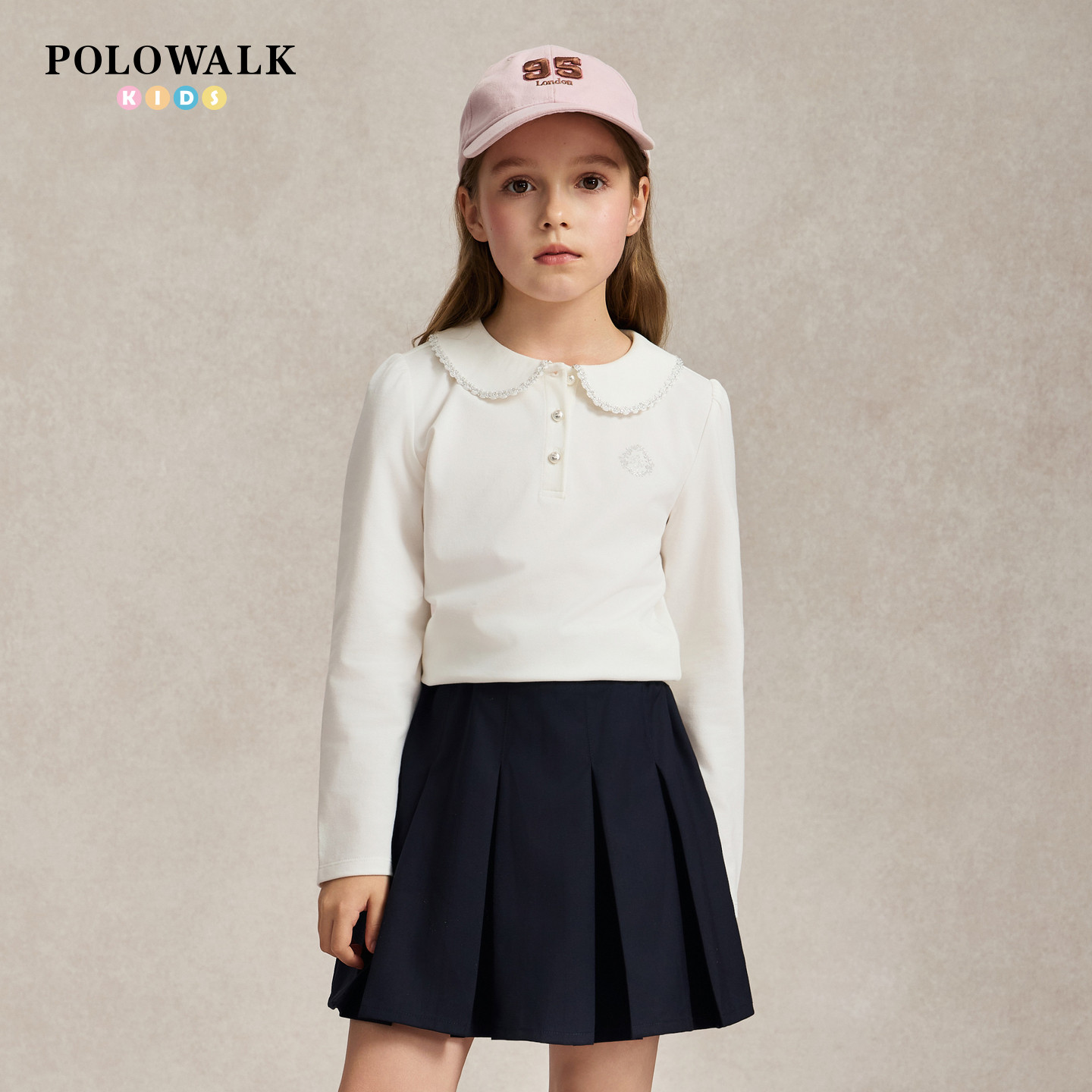 POLOWALK童装2026秋季新品女童长袖T恤娃娃领学院风儿童打底衫