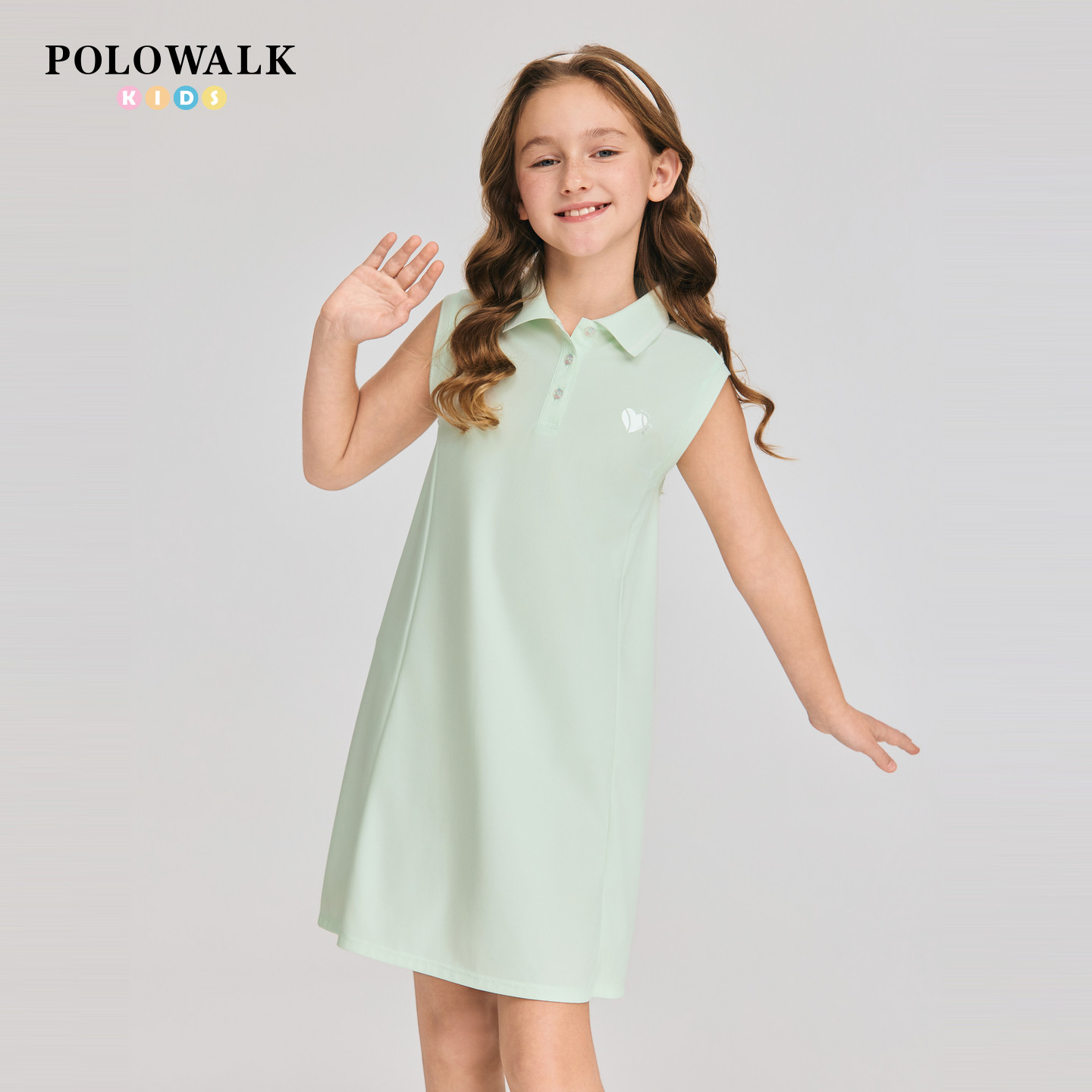 POLOWALK童装2026夏季新品女童无袖连衣裙翻领polo休闲长裙印花