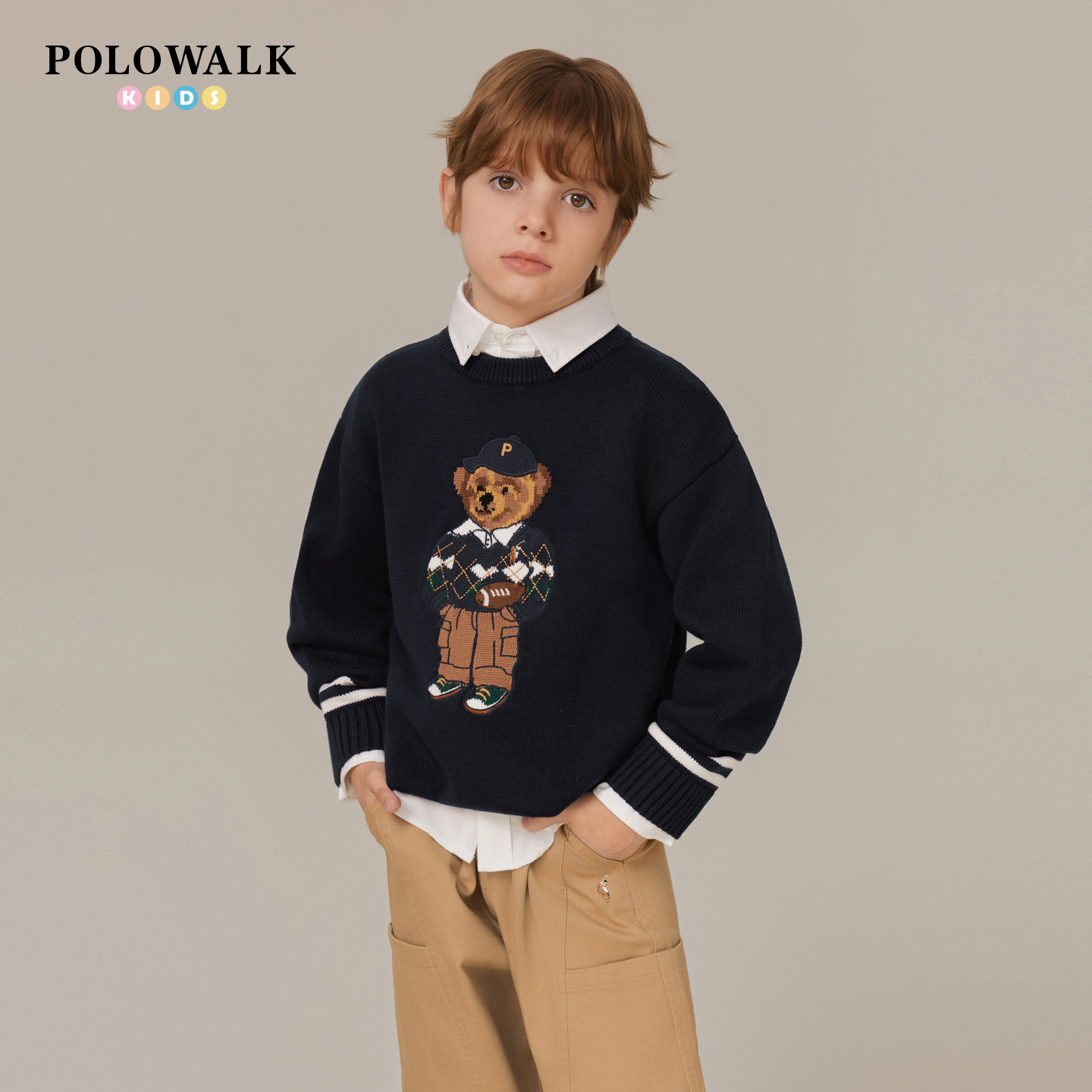 POLOWALK男童提花小熊针织衫
