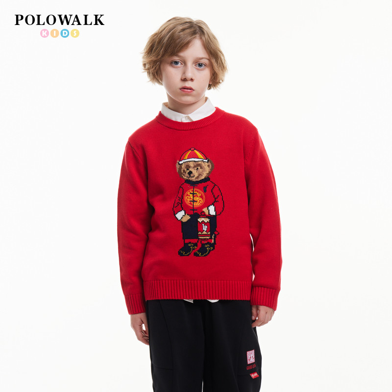 POLOWALK童装男童长袖毛衣2025秋冬新款圆领套头女童红色针织衫潮,童装/婴儿装/亲子装,毛衣/针织衫,淘宝优惠券,粉丝福利购,淘宝优惠卷