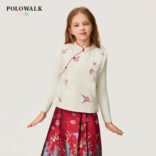 【新年款】POLOWALK童装女童棉马甲2026中国风提花刺绣上衣年服