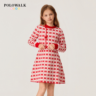 【新年款】POLOWALK童装女童长袖连衣裙2026新品女童提花百搭裙子