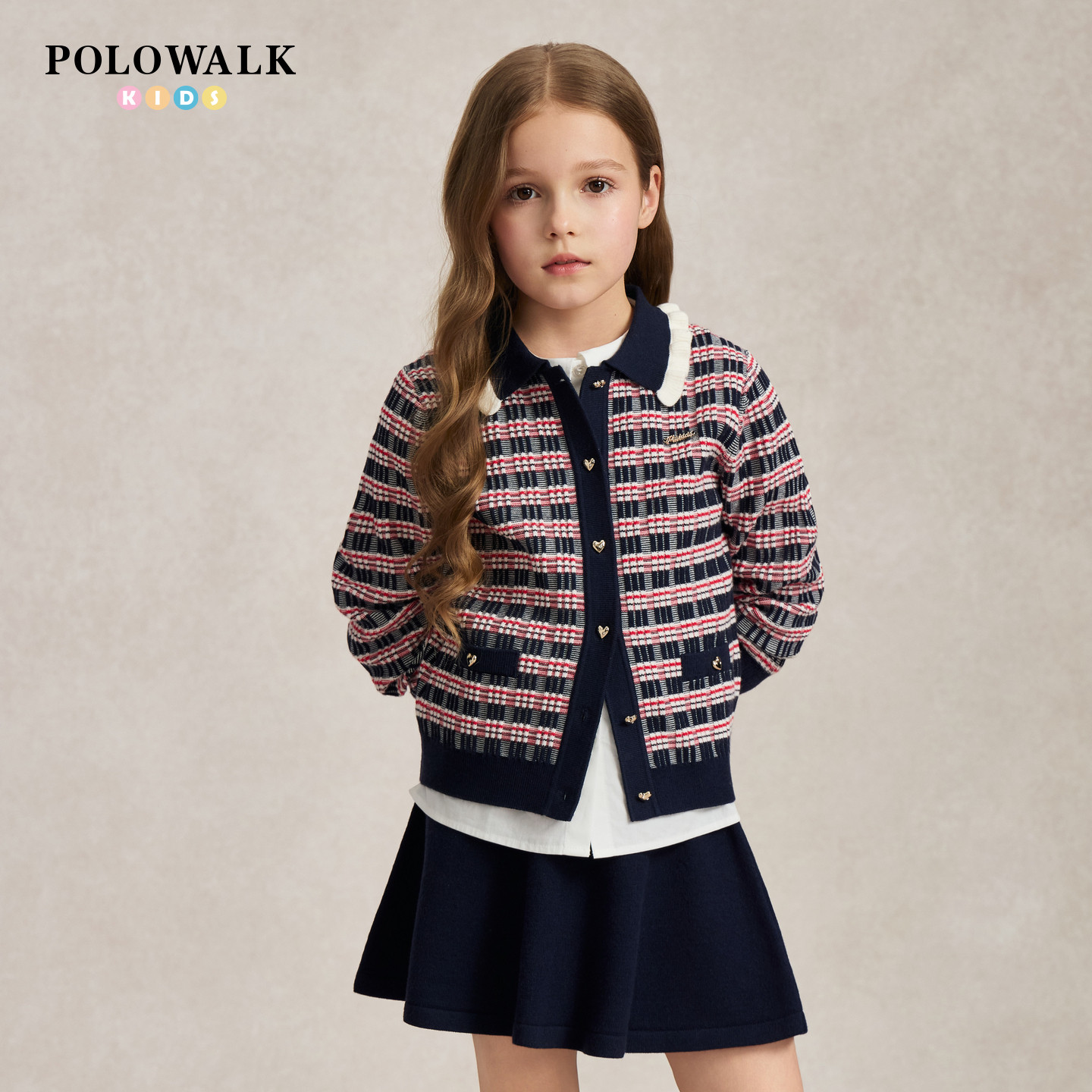 POLOWALK女童针织套装秋季新品翻领撞色提花小香风针织裙两件套