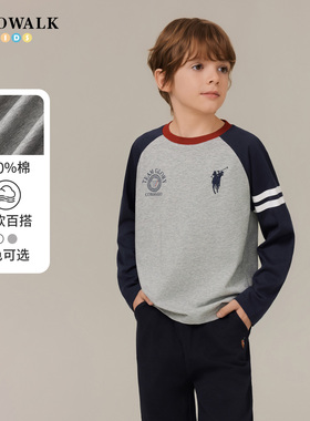POLOWALK童装男童长袖纯棉T恤2025秋季新品圆领套头中大童上衣