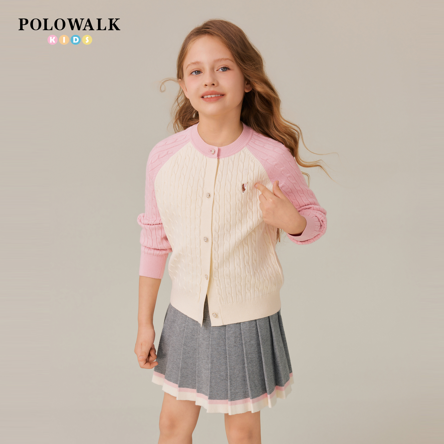 POLOWALK童装女童长袖针织衫2025秋冬新品撞色圆领毛衣中大童开衫