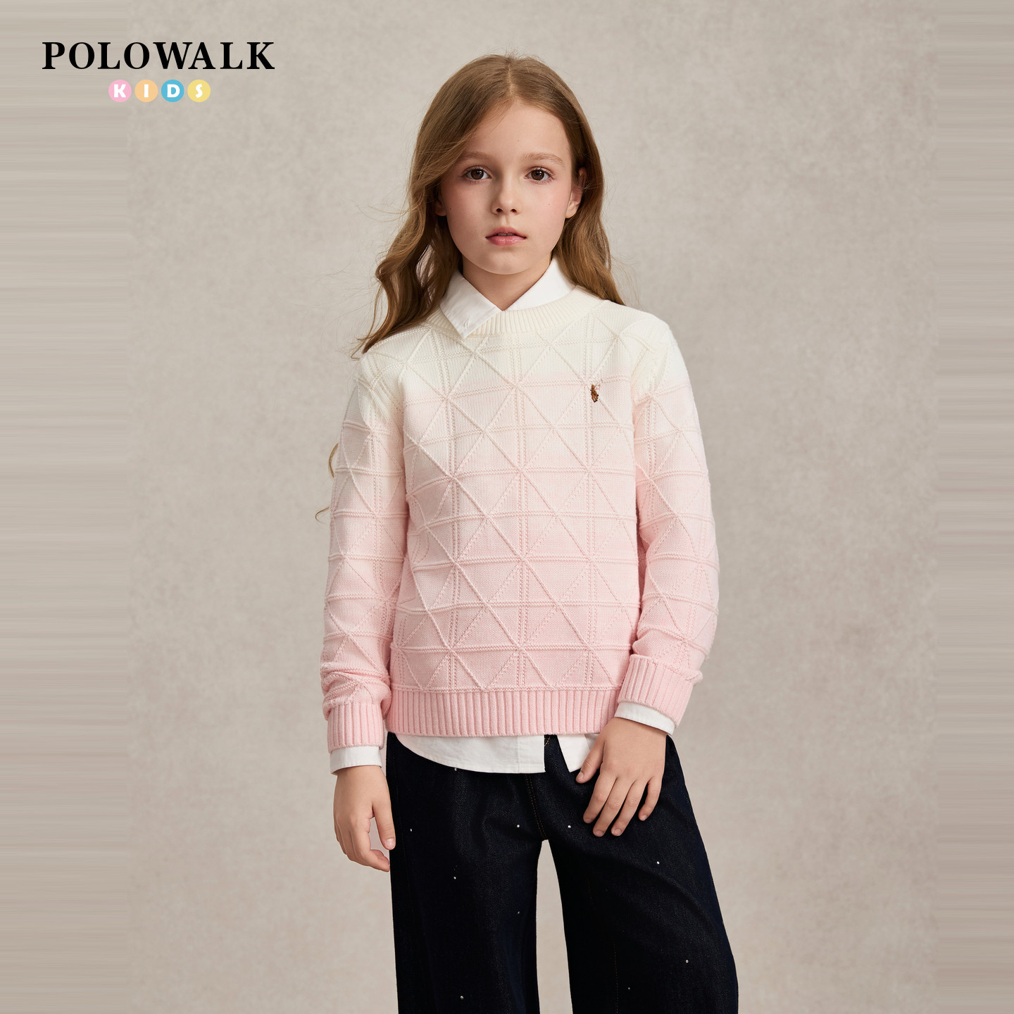 POLOWALK女童针织衫秋季新品渐变色圆领菱格提花款儿童套头毛衣