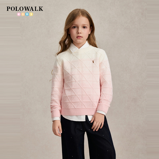 POLOWALK女童针织衫秋季新品渐变色圆领菱格提花款儿童套头毛衣