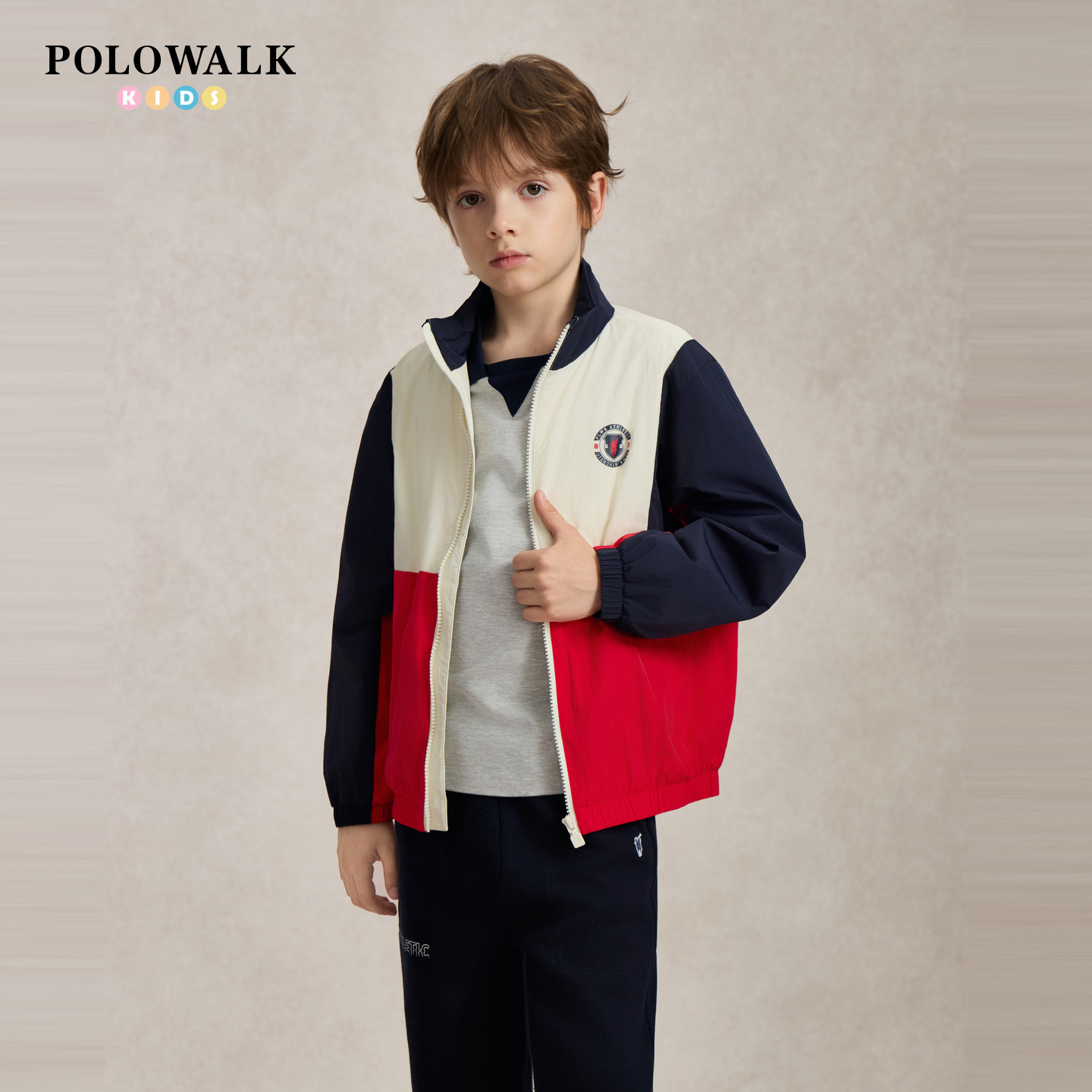 POLOWALK男童加绒立领外套秋冬新品撞色拼接主题印花休闲拉链外套