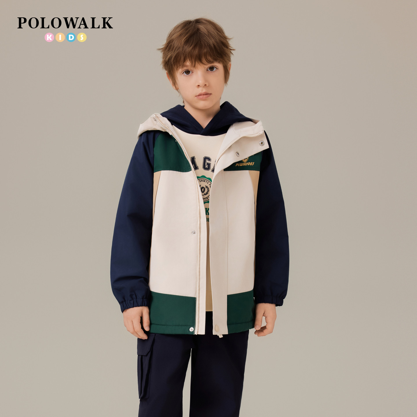POLOWALK童装男童加绒外套2025秋冬新款连帽中大童儿童保暖夹克