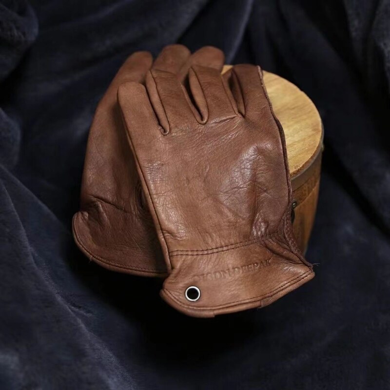 牛皮机车手套棕色真皮做旧马术四季复古男士户外露营登山骑行